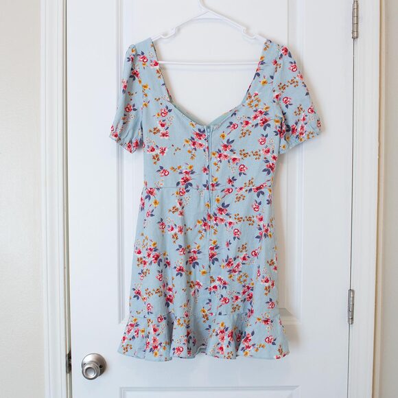 L Linen Blend Cottagecore Feminine Ruffle Ditsy Floral Mini Dress City Triangles - Picture 2 of 10